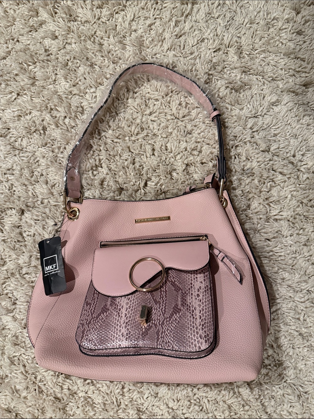 MKF Blush Pink Shoulder Bag with Snake-Print Pocket and Gold Ring Accent